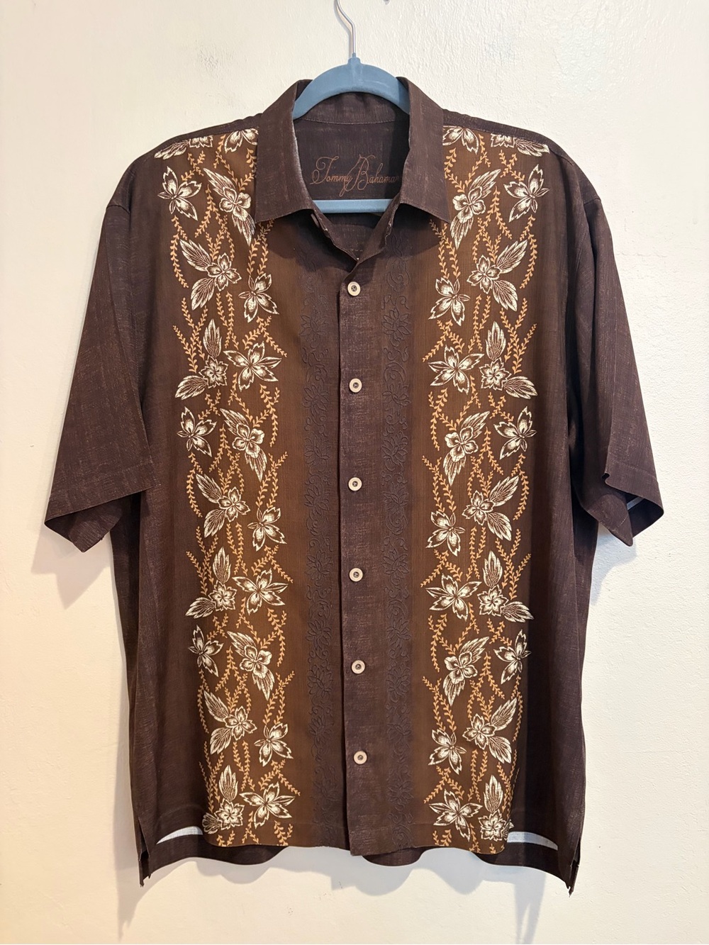 Vintage Tommy Bahama Kukui Shell Brown 100% Silk Button Up Shirt, Luau Vibes